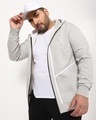 Shop Men's Grey Melange Color Block Plus Size Zipper Hoodie-Front