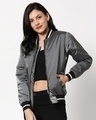 Shop Women's Grey Relaxed Fit Bomber Jacket-Front