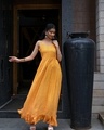 Shop Women's Yellow Leheriya Spaghetti Smocked Layered Hem Dress-Front