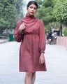 Shop Women's Maroon Smocked High Neck Fit & Flare Dress-Front