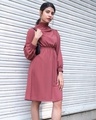 Shop Women's Maroon Smocked High Neck Fit & Flare Dress-Design