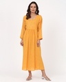 Shop Women's Yellow Floral Thread Embroidered Gathered Dress-Front
