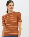 Shop Women High Neck Short Sleeves Striped T Shirt-Front