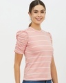 Shop Women High Neck Short Sleeves Striped T Shirt-Design