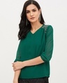 Shop Women V Neck Three Quarter Sleeves Solid Top-Front