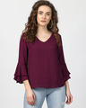 Shop Women V Neck Three Quarter Sleeves Solid Top-Front