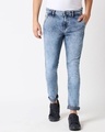 Shop Men Blue Slim Fit Mid Rise Clean Look Stretchable Ankle Length Jeans-Front