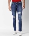 Shop Men's Blue Washed Mildly Distress Slim Fit Mid Rise Jeans-Front