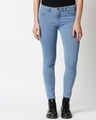 Shop Womens Blue Washed Slim Fit Mid Waist Jeans With Belt Loops-Front