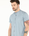 Shop Ice Blue Mandarin Collar Denim Half Sleeve Shirt