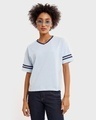 Shop Ice Water Blue V Neck Stripe Sleeves Relaxed Fit T-Shirt-Front