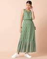 Shop Women's Green Ikat Frilled Drawstring Sleeveless A-Line Tunic-Front