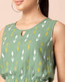 Shop Women's Green Ikat Frilled Drawstring Sleeveless A-Line Tunic-Full