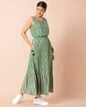 Shop Women's Green Ikat Frilled Drawstring Sleeveless A-Line Tunic