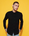 Shop Jet Black Mandarin Collar Full Sleeve Pique Shirt-Front