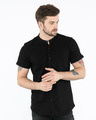 Shop Jet Black Mandarin Collar Pique Shirt-Front