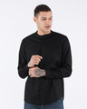 Shop Jet Black Mandarin Collar Shirt-Front