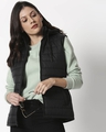 Shop Women's Black Puffer Jacket With Detachable Hood-Front
