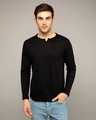 Shop Jet Black Slit Neck Full Sleeve Henley T-shirt-Front