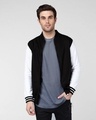 Shop Jet Black Varsity Bomber Jacket-Front