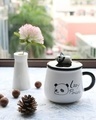 Shop Lazy Panda Printed Combo Ceramic Mug With Lid Spoon & Key Chain (450 ml, Black, Single piece )-Front