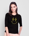 Shop Let's Rock Smiley Round Neck 3/4 Sleeve T-Shirt Black-Front