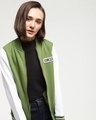 Shop Women's Green & White Love Badge Color Block Varsity Bomber Jacket-Front