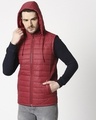 Shop Maroon Plain Sleeveless Puffer Jacket with Detachable Hood-Design