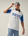 Shop Men's White & Blue Peanuts Graphic Printed Oversized Polo T-shirt-Front