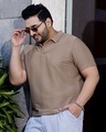 Shop Men's Almond Brown Textured Oversized Plus Size Polo T-Shirt-Front