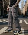 Shop Men's Ash Grey Baggy Fit Washed Cargo Mid-Rise Jeans-Front