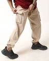 Shop Men's Beige Loose Comfort Fit Cargo Parachute Pants-Front