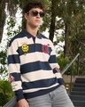 Shop Men's Beige & Navy Blue Striped Oversized Polo Sweatshirt-Front