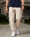 Shop Men's Beige Super Loose Fit Brushed Cargo Joggers-Front