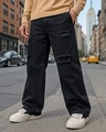 Shop Men's Black Baggy Fit Distressed Cargo Mid-Rise Jeans-Front