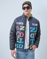 Shop Men's Black & Blue Bate Typography Oversized Puffer Jacket-Front