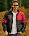 Shop Men's Black & Bold Red Color Block Oversized Windcheater Jacket-Front