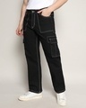 Shop Men's Black Relaxed Fit Cargo Jeans-Front