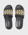 Shop Men's Black Caution Printed Velcro Sliders-Front