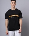 Shop Men's Black Caution Typography Oversized T-shirt-Front