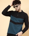 Shop Men's Black & Teal Blue Color Block Polo T-shirt-Front