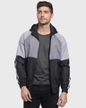 Shop Men's Black & Grey Color Block Plus Size Windcheater Jacket-Front