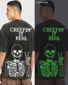 Shop Men's Black Creepin it Real Graphic Printed Oversized Acid Wash T-shirt-Front