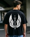 Shop Men's Black Guardian Wings Graphic Printed Oversized T-shirt-Front