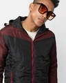Shop Men's Black & Maroon Color Block Hoodie Bomber Jacket