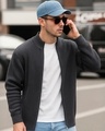 Shop Men's Black Textured Oversized Acid Wash Zipper Sweater-Front