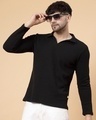 Shop Men's Black Waffle Knitted Polo T-Shirt-Front