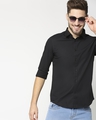Shop Men's Black Poplin Lycra Slim Fit Casual Shirt-Front