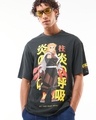 Shop Men's Black Rengoku Heart Ablaze Graphic Printed Oversized Acid Wash T-shirt-Front