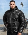 Shop Men's Black Shine Graphic Printed Oversized Plus Size Puffer Jacket-Front